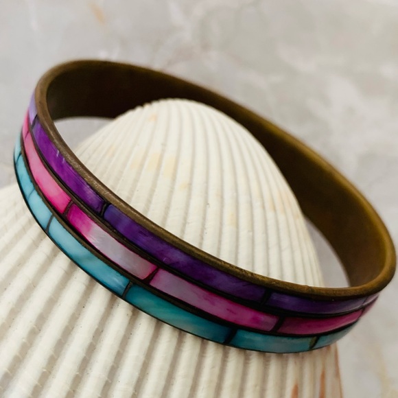 Mother of Pearl Inlay Brass Bangle Bracelet - Picture 6 of 6